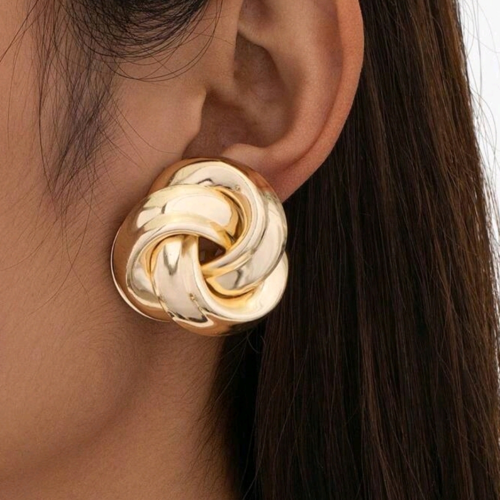 3/$15 -Fashion Asymmetrical Geometric Twisted Love Knot Clip Earrings, Gold Tone